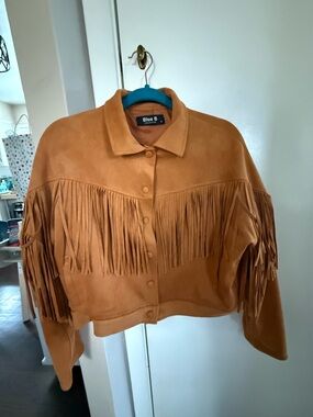 Blue B Cropped Fringe Fauz Suede Jacket